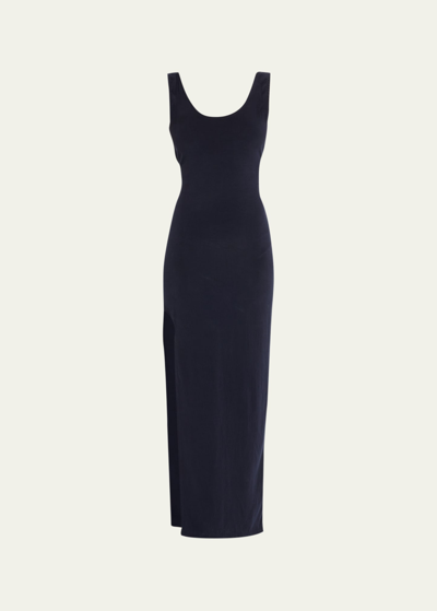 Anemos Open Back Tank Maxi Dress With Side Slit In Stretch Cupro In Navy