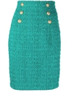 Balmain Tweed Double-breasted Pencil Skirt In Green