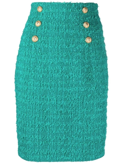 Balmain Logo Button Tweed Skirt In Green