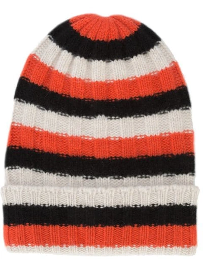 The Elder Statesman Striped Beanie In White Black Persimmon