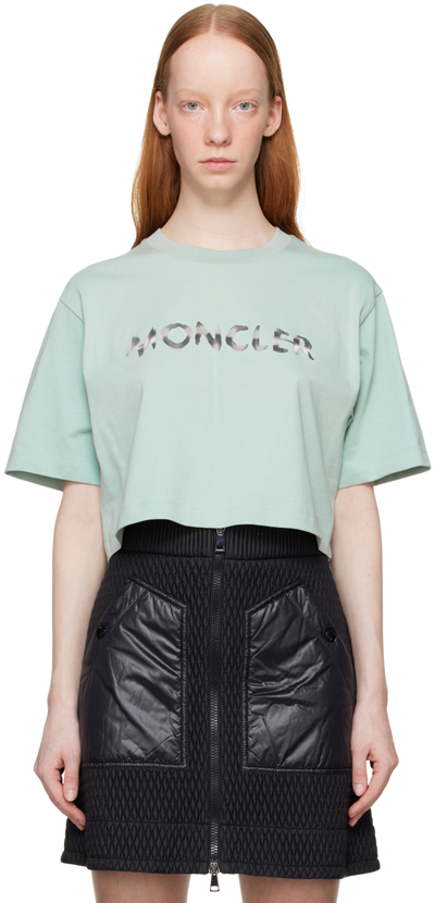 Moncler Logo Cropped Cotton T-shirt In Azzurro