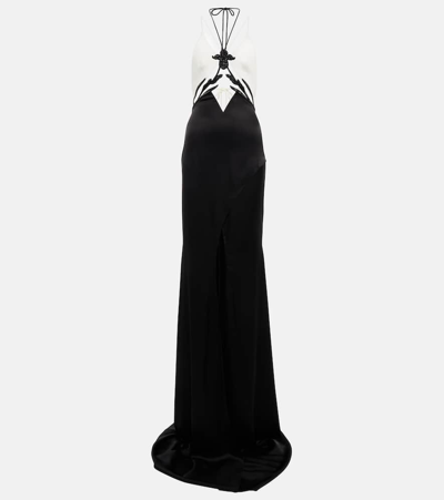David Koma Tulle-trimmed Embellished Stretch-cady Gown In White Black