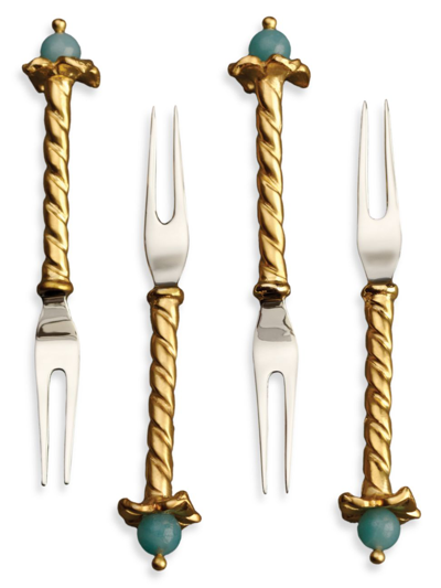L'objet Venise 4-piece 24k Goldplated Stainless Steel & Amazonite Two-prong Cocktail Pick Set