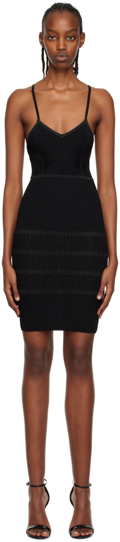 Balmain V Neck Zigzag Pointelle Rib Knit Mini Dress In Nero