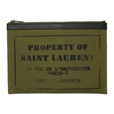 Saint Laurent Logo-printed Leather-trimmed Cotton Pouch In 2874 Khaki