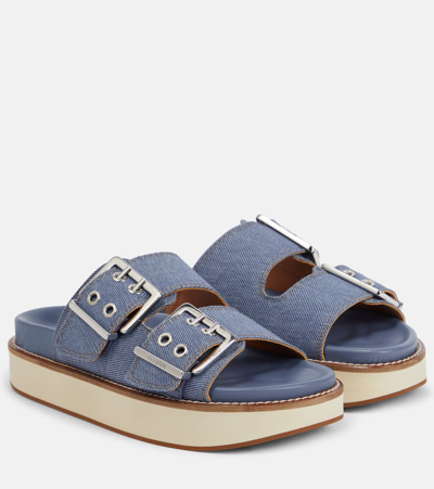 Ganni Wide Welt Dual-buckle Slide Sandals In Denim