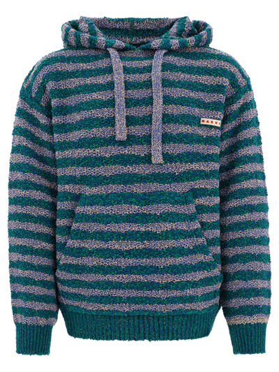 Marni Striped Hooded Sweater In Green