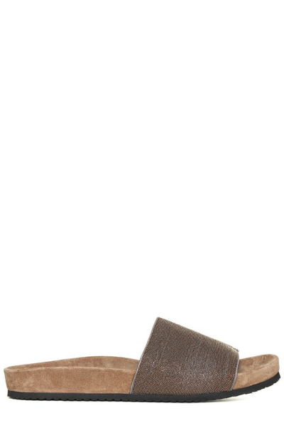 Brunello Cucinelli Precious Flat Slide Sandals In Brown