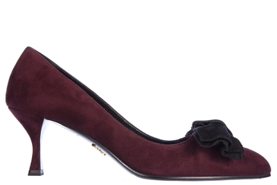 Prada Women's Suede Pumps Court Shoes High Heel Fiocco In Red