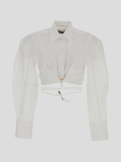 Jacquemus Plidao Cropped Embellished Cotton-blend Poplin Shirt In White