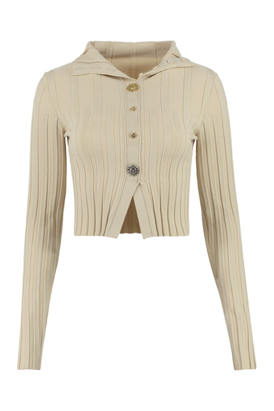 Jacquemus Bando Cropped Button-embellished Ribbed-knit Cardigan In Beige