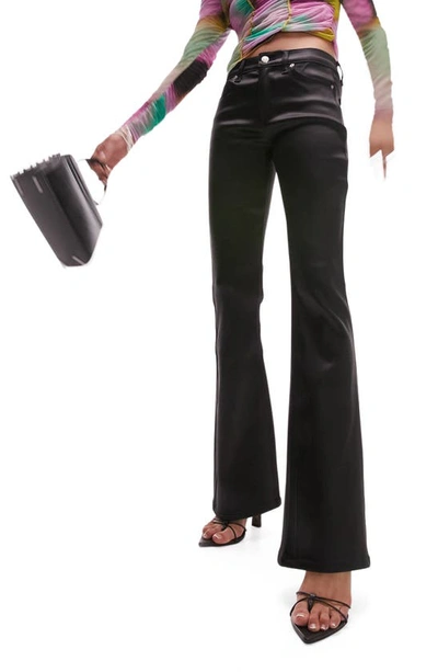 Topshop Coated Bootcut Jeans In Black