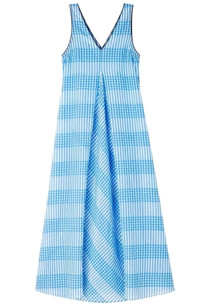 Ganni Charron Checked Cotton-blend Seersucker Maxi Dress In Marina, Blue