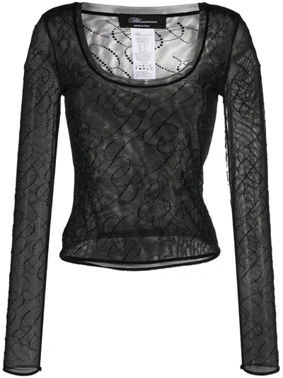 Blumarine Rhinestone-embellished Long-sleeve Top In Black