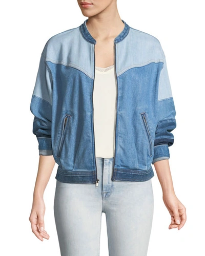 7 For All Mankind Zip-front Patchwork Denim Bomber Jacket In Blue