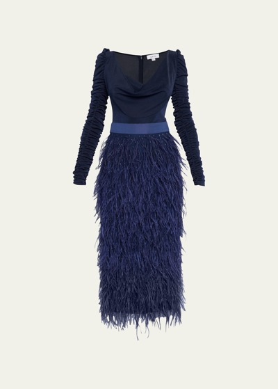 Aliétte Ostrich Feather Midi Skirt In Navy
