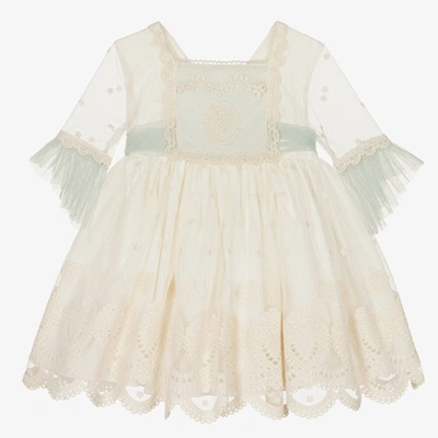 Abuela Tata Babies' Girls Ivory & Green Floral Tulle Dress