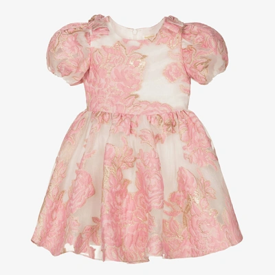 David Charles Babies' Girls Pink & Gold Floral Brocade Dress