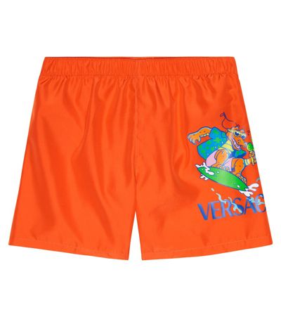 Versace Kids' 鳄鱼印花泳裤 In Orange