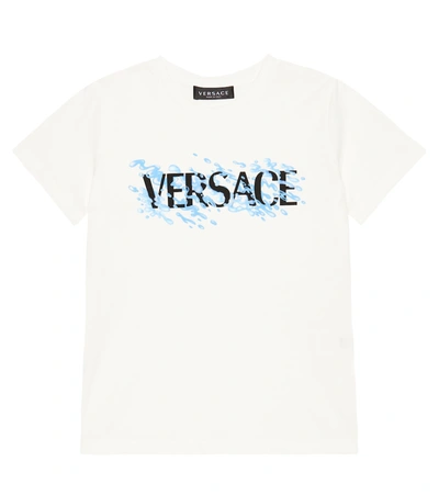 Versace Teen Boys White Splash Logo T-shirt In Bianco+nero+azzurro