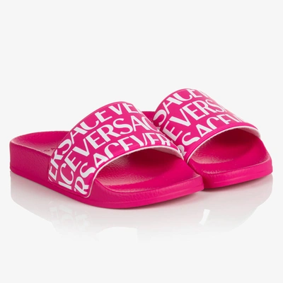 Versace Kids' Girls Pink & White Logo Sliders