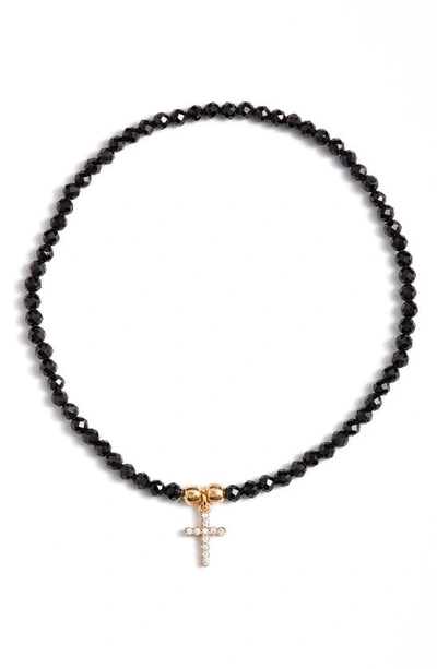 Argento Vivo Sterling Silver Cross Charm Beaded Stretch Bracelet In Black/ Gold