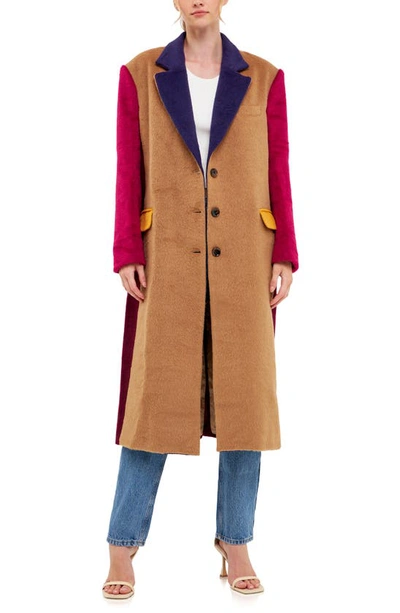 English Factory Fringe Premium Colorblock Oversized Coat In Camel Multi