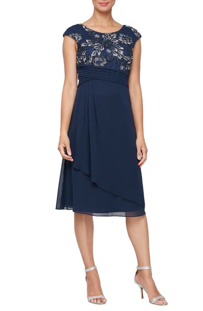 Alex Evenings Embroidered Bodice A-line Cocktail Dress In Navy/ Silver