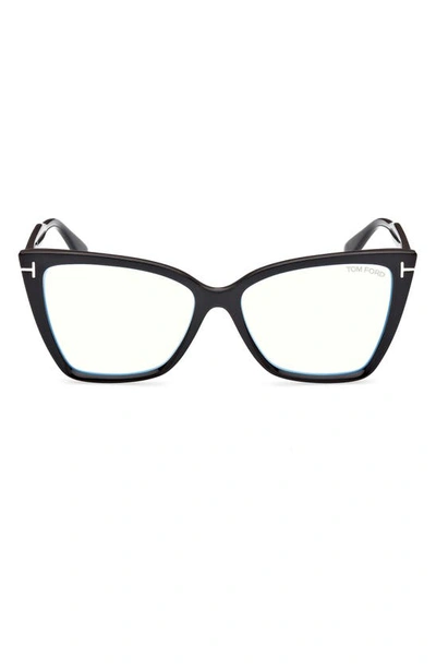 Tom Ford 55mm Cat Eye Blue Light Blocking Glasses In Shiny Black