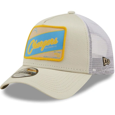 New Era Men's  Khaki, White Los Angeles Chargers Happy Camper A-frame Trucker 9forty Snapback Hat In Khaki,white
