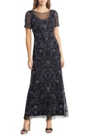 Pisarro Nights Floral Beaded Short Sleeve A-line Gown In Black/ Gunmetal