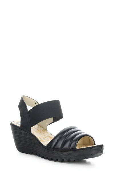 Fly London Yiko Platform Wedge Sandal In 000 Black Mousse/ Cupido