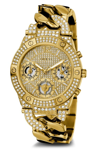 Guess Multifunction Crystal Curb Chain Bracelet Watch, 36mm In Gold/gold/gold