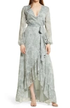 Wayf The Meryl Floral Long Sleeve Wrap Gown In Sage Shadow Bouquet Print