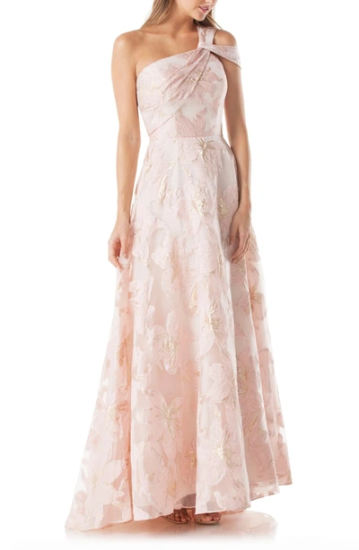 Carmen Marc Valvo Infusion Burnout One-shoulder Ball Gown In Blush/ Gold