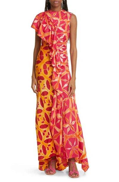 Ulla Johnson Lali One-shoulder Long Floral Ruffle Silk Dress In Red