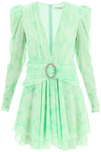Alessandra Rich Gathered Crystal-embellished Printed Silk-georgette Mini Dress In Green