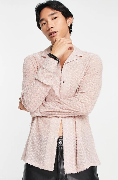 Asos Design Textured Tinsel Shirt With Revere Collar In Soft Pink
