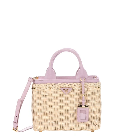 Prada Natural Wicker And Rose Canvas Convertible Tote' In Natural (ivory) /  Rose (pink) | ModeSens