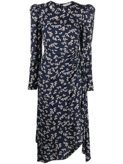 Alessandra Rich Butterfly-print Draped Midi Dress In Blu