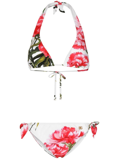 Dolce & Gabbana Carnation-print Padded Triangle Bikini In Bianco