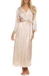 Flora Nikrooz Stella Belted Lace Trim Satin Robe In Almond