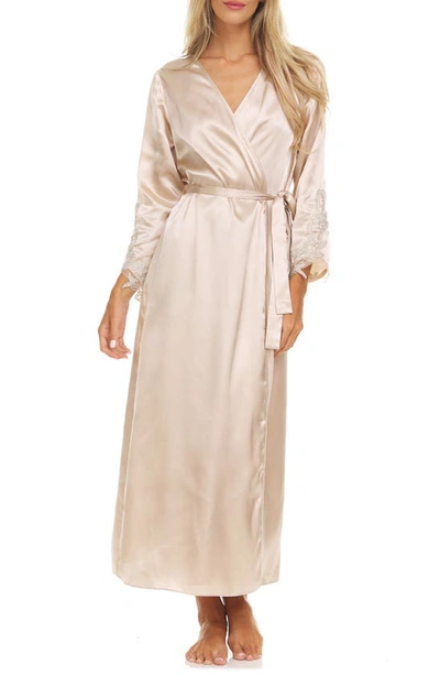 Flora Nikrooz Stella Belted Lace Trim Satin Robe In Almond