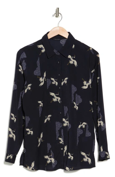 T Tahari Long Sleeve Button Front Shirt In Bird Print Navy