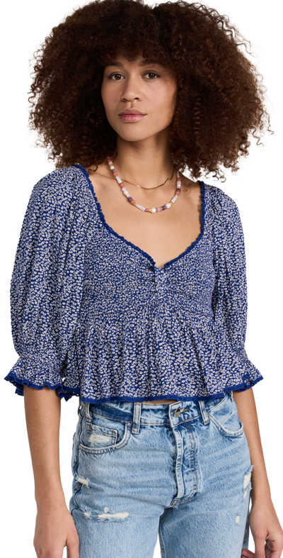 Free People Brittnee Print Smocked Back Peplum Top In Blue Combo