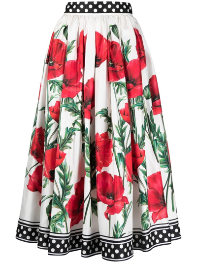 Dolce & Gabbana Silk Printed Midi Skirt In White,multicolor