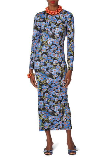 Carolina Herrera Floral Print Long Sleeve Midi Dress In Black Multi