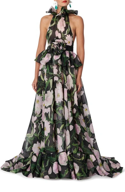 Carolina Herrera Floral-print Ruffle High-neck Rosette-waist Chiffon Gown In Black
