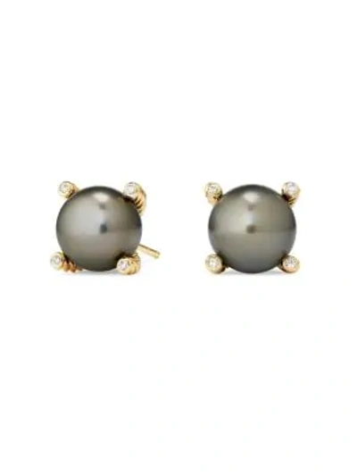 David Yurman Women's Tahitian Grey Pearl Earrings With Diamonds In 18k Yellow Gold In Black Yellow Gold