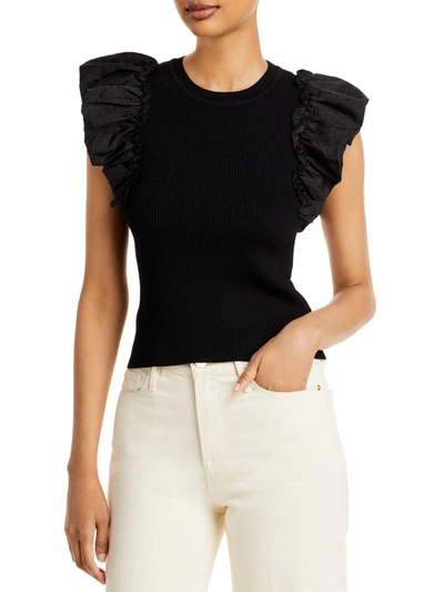 Lucy Paris Ribbed Knit Flutter Sleeve Top In Black